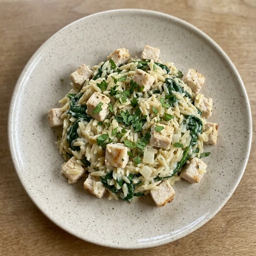 Plated creamy chicken orzo with Boursin cheese, spinach, garlic, and onion, garnished with fresh herbs.