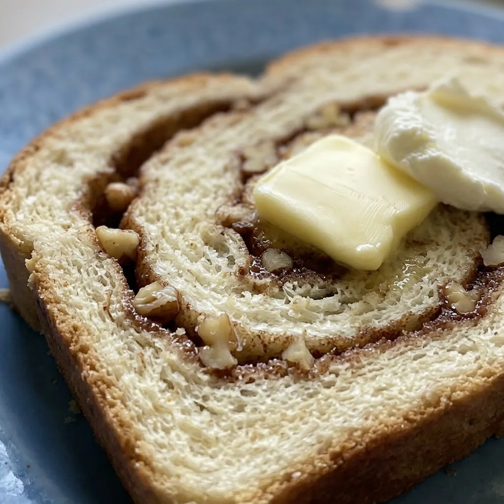 Zoomed in on a slice of cinnamon bread with visible cinnamon swirls and a glossy buttered crust.