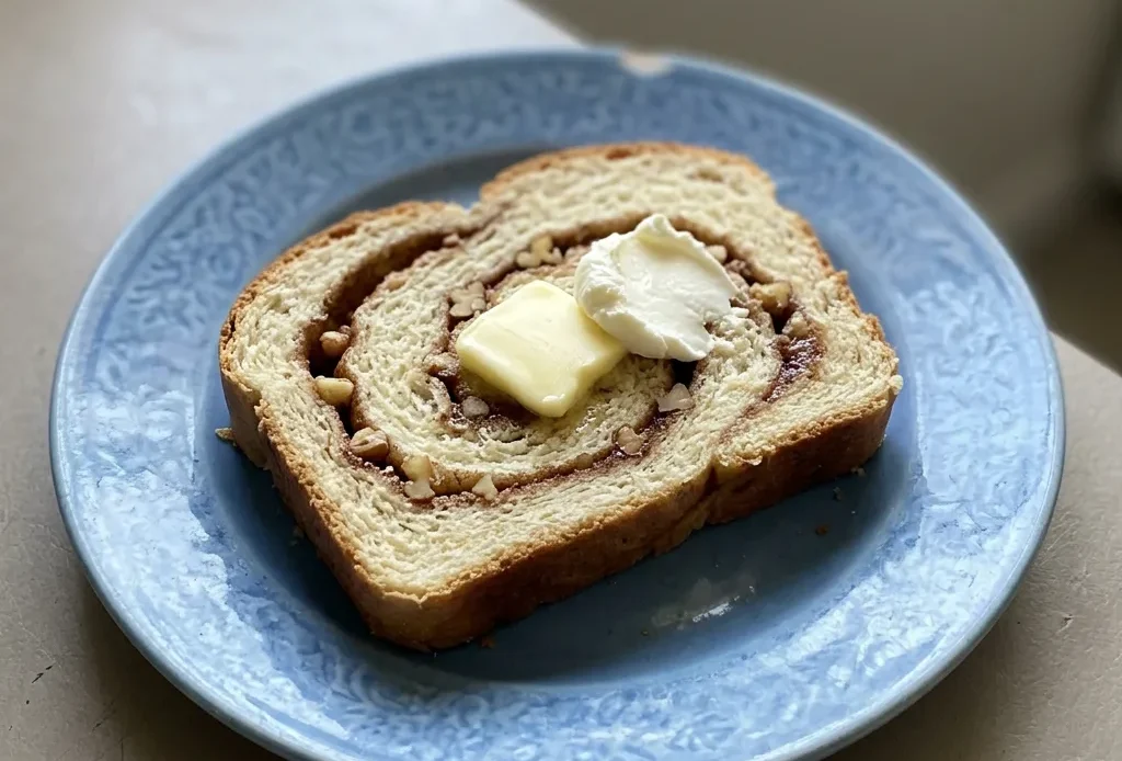 Bird's-eye view of a loaf of cinnamon bread sliced, revealing a spiral of brown sugar and cinnamon.