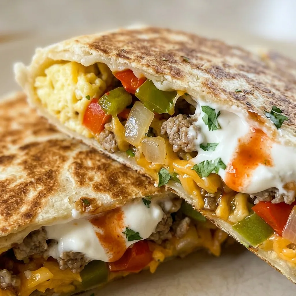 Close view of a breakfast crunchwrap with melted cheddar cheese, scrambled eggs, and sausage visible at the edge, topped with a dollop of sour cream.