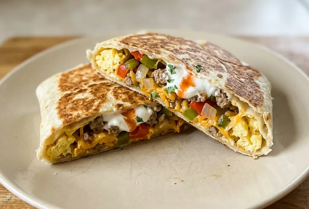Overhead shot of a folded flour tortilla filled with scrambled eggs, sausage, bell peppers, onions, and cheddar cheese, topped with sour cream.