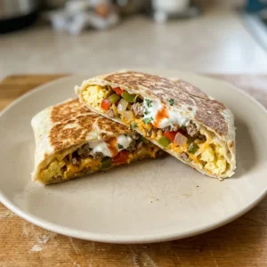 Overhead shot of a folded flour tortilla filled with scrambled eggs, sausage, bell peppers, onions, and cheddar cheese, topped with sour cream.