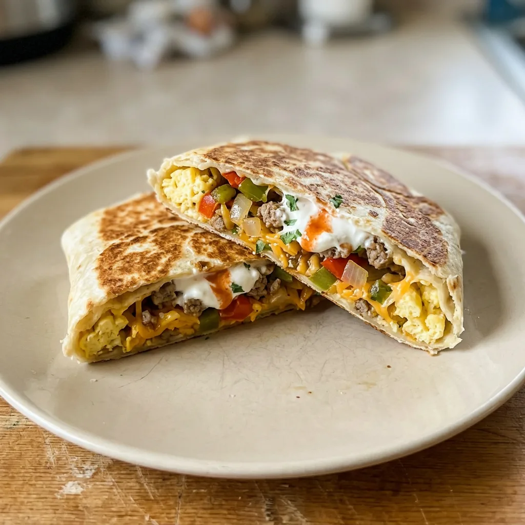 Overhead shot of a folded flour tortilla filled with scrambled eggs, sausage, bell peppers, onions, and cheddar cheese, topped with sour cream.