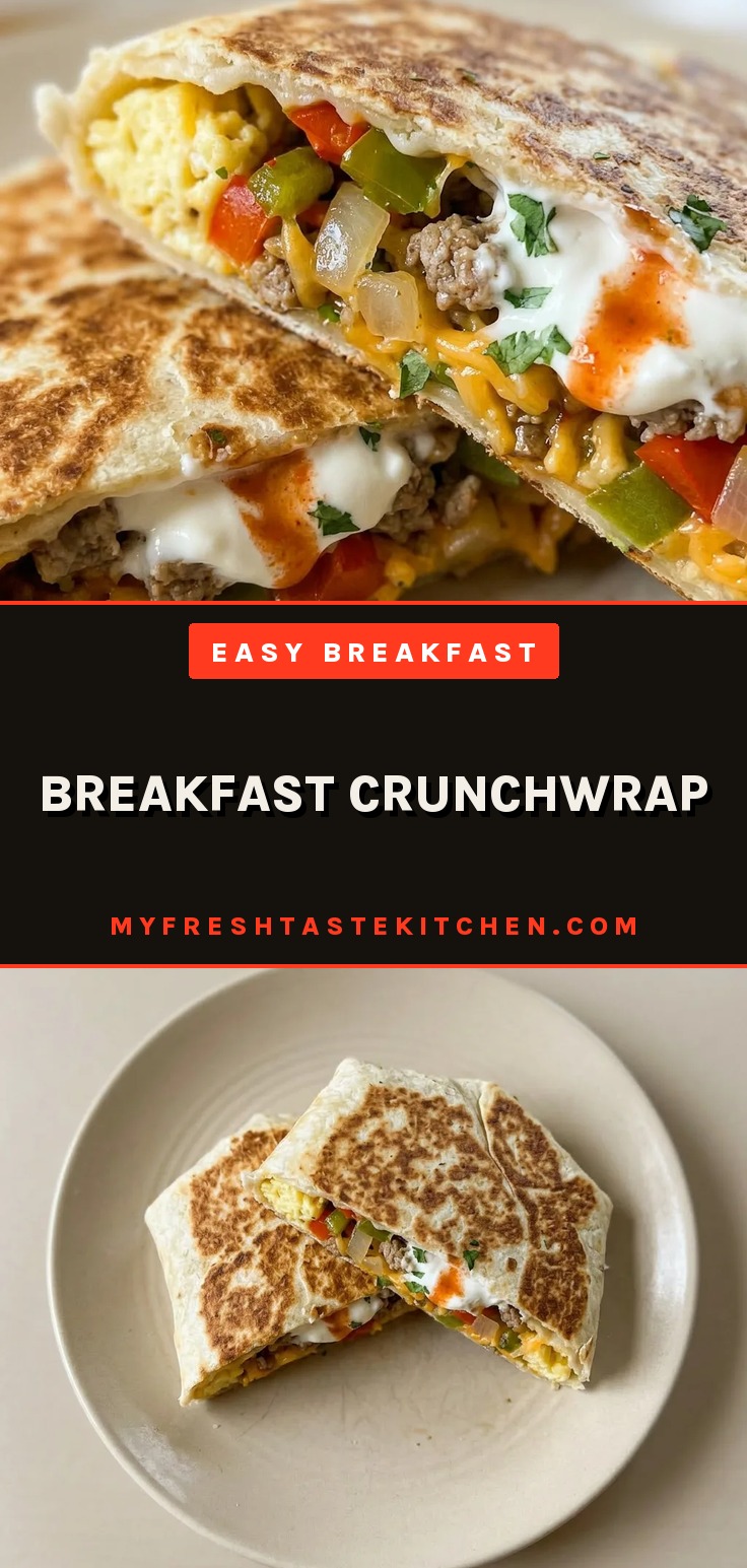 Breakfast crunchwrap cut in half, showing layers of eggs, cheddar cheese, sausage, bell peppers, and onions inside a crispy tortilla.