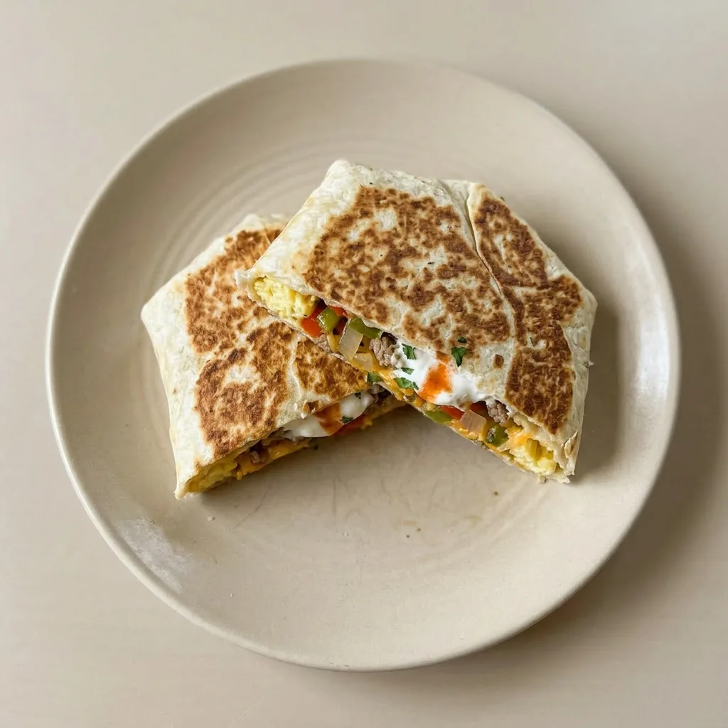 Plated breakfast crunchwrap with browned tortilla, filled with eggs, cheese, bell peppers, onions, and sausage, and a side of sour cream.