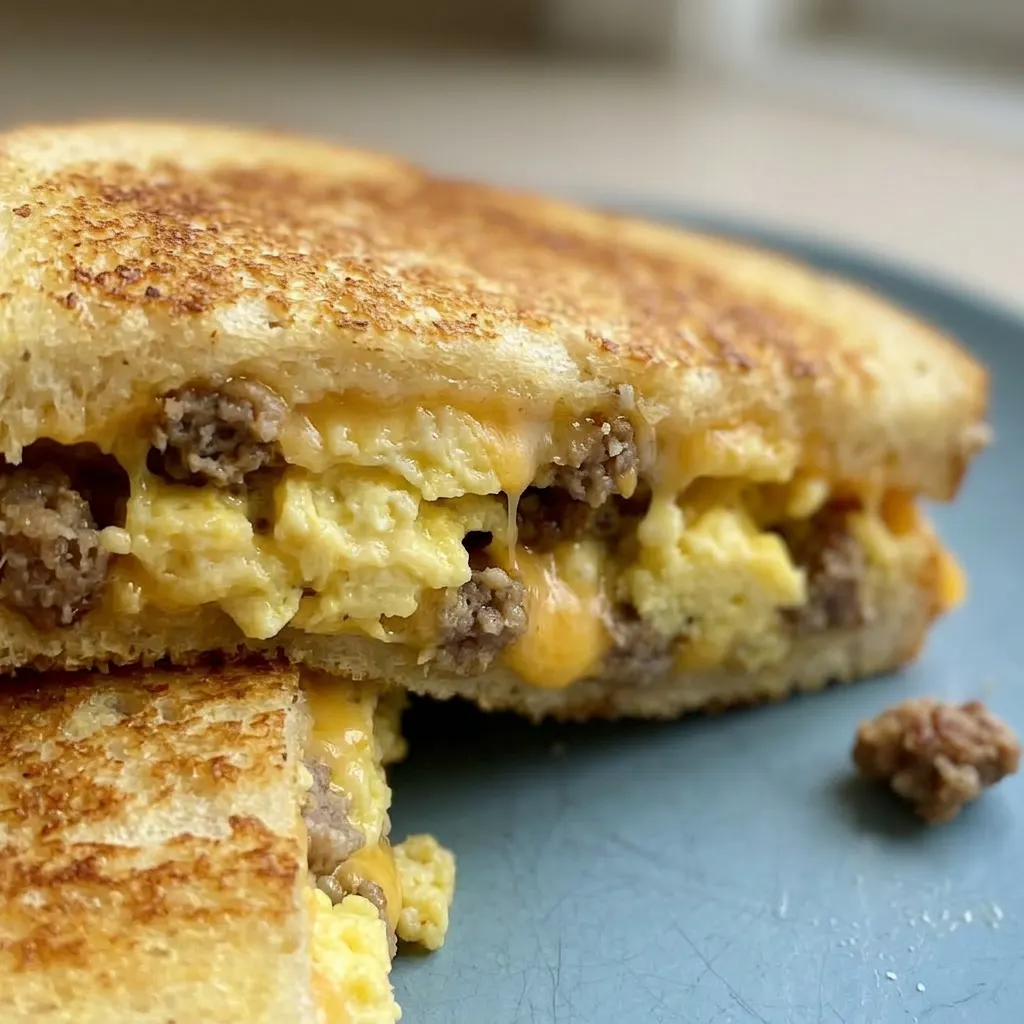 Close view of a grilled cheese sandwich with a crispy golden crust, filled with scrambled eggs and sausage, topped with melted Colby-Jack cheese.