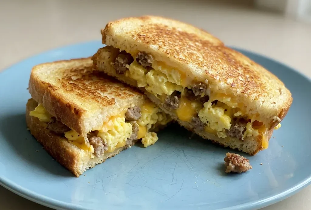 Overhead shot of a grilled cheese sandwich cut diagonally, with sausage and scrambled eggs visible between toasted sourdough slices, melted Colby-Jack cheese oozing at the edges.