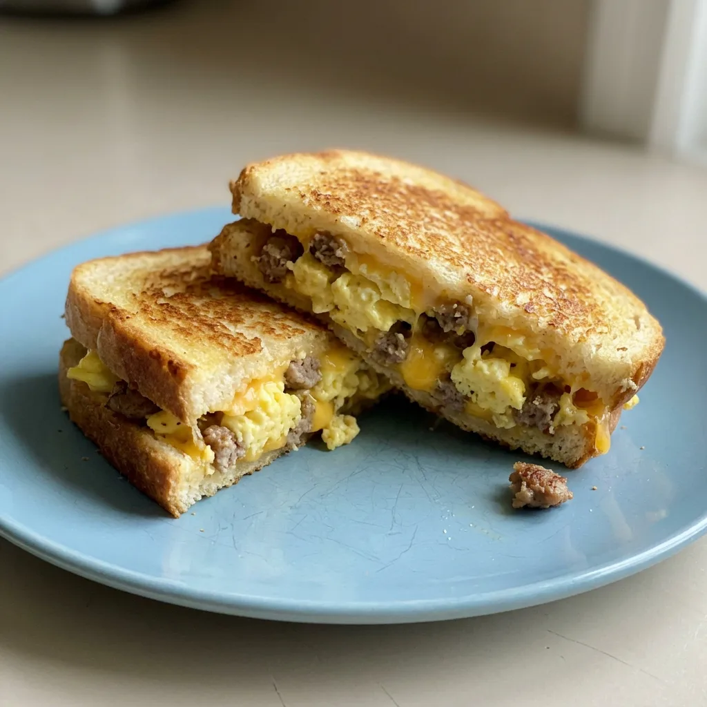 Overhead shot of a grilled cheese sandwich cut diagonally, with sausage and scrambled eggs visible between toasted sourdough slices, melted Colby-Jack cheese oozing at the edges.