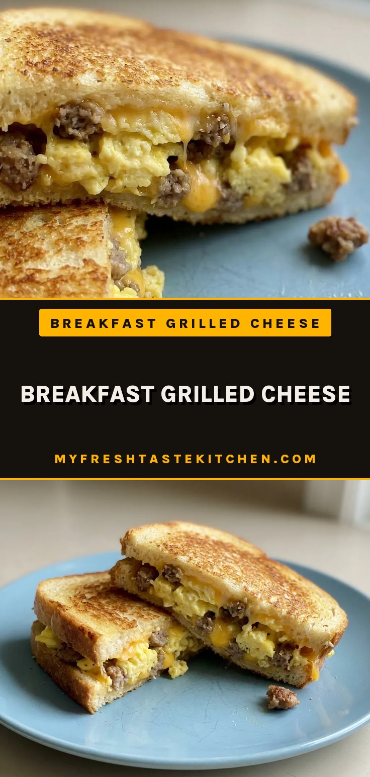A breakfast grilled cheese sandwich with melted Colby-Jack cheese, sausage, and eggs visible between golden sourdough slices.