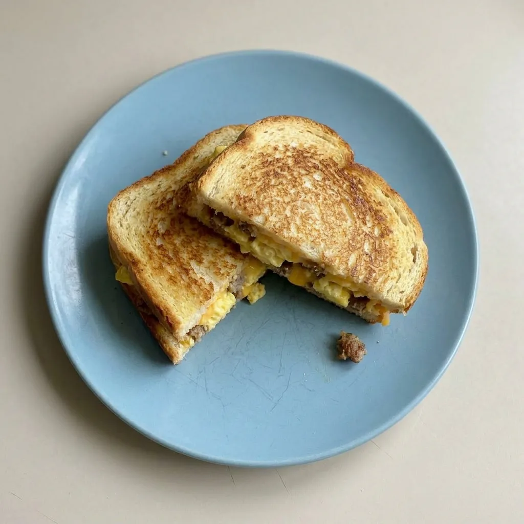 Plated grilled cheese sandwich on a white dish, cut in half, revealing layers of sausage, scrambled eggs, and melted Colby-Jack cheese inside toasted sourdough bread.