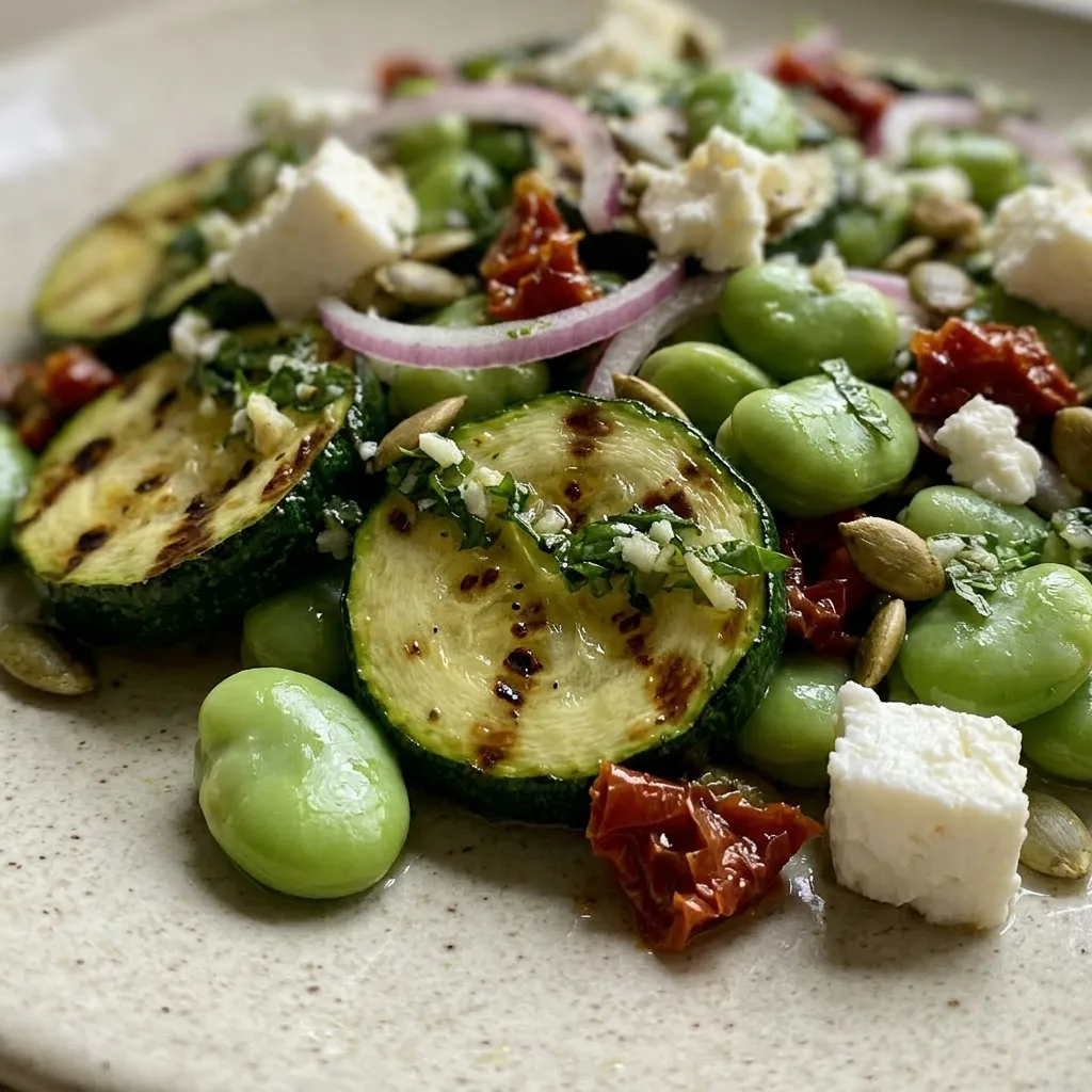 Zoomed in on broad bean salad featuring feta, mint leaves, and pumpkin seeds atop mixed greens and vegetables.