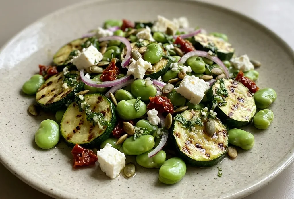Bird's-eye view of broad bean salad with green zucchini, lettuce, red onion, sun-dried tomatoes, feta, mint, and pumpkin seeds.