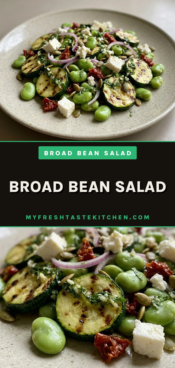 Broad bean salad with zucchini, lettuce, sun-dried tomatoes, red onion, feta, mint, and pumpkin seeds.