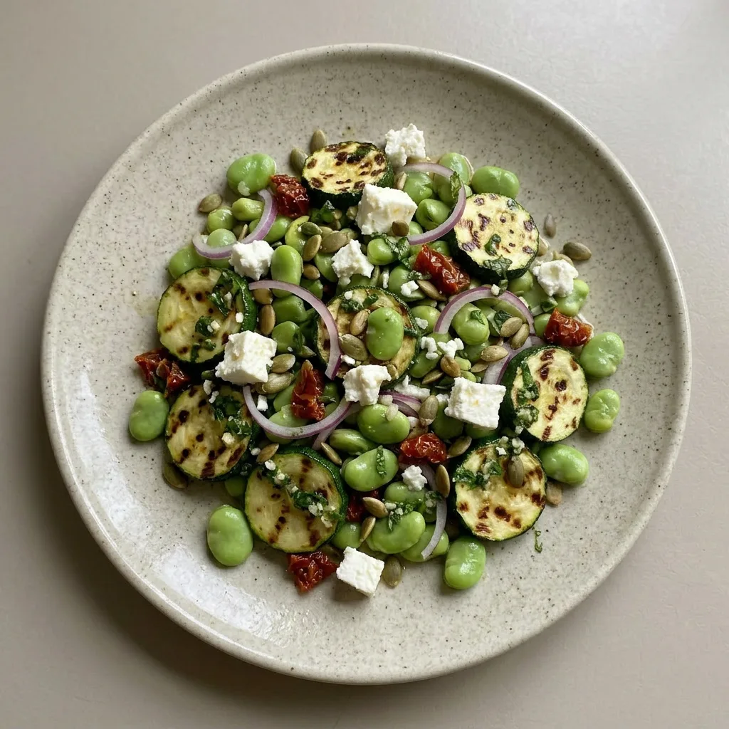 Ready to serve: Broad bean salad with broad beans, zucchini, lettuce, sun-dried tomatoes, red onion, feta, mint, and pumpkin seeds.