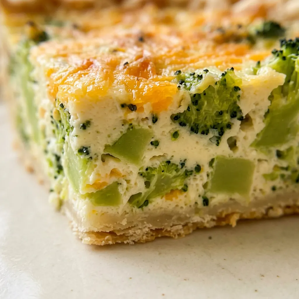 Macro detail of a quiche slice showing green broccoli and gooey cheddar cheese filling inside a flaky crust.