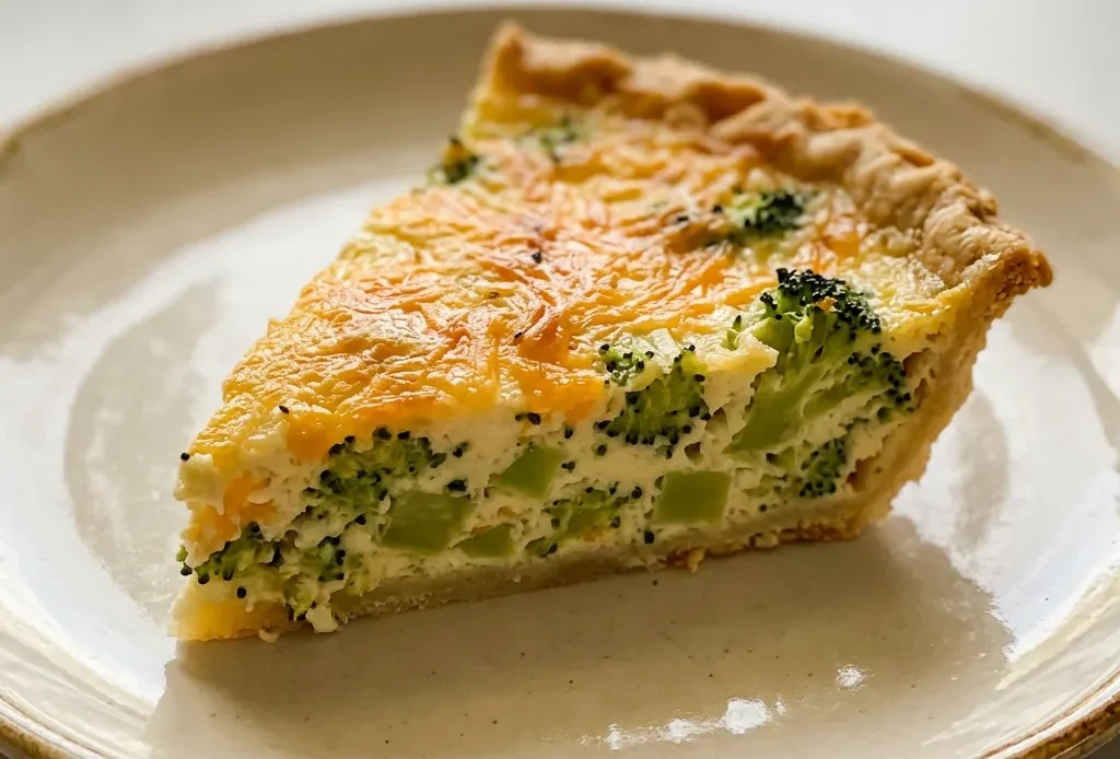 Top-down look at a round quiche with broccoli florets and melted cheddar cheese on a golden crust.