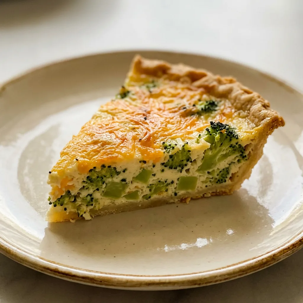 Top-down look at a round quiche with broccoli florets and melted cheddar cheese on a golden crust.
