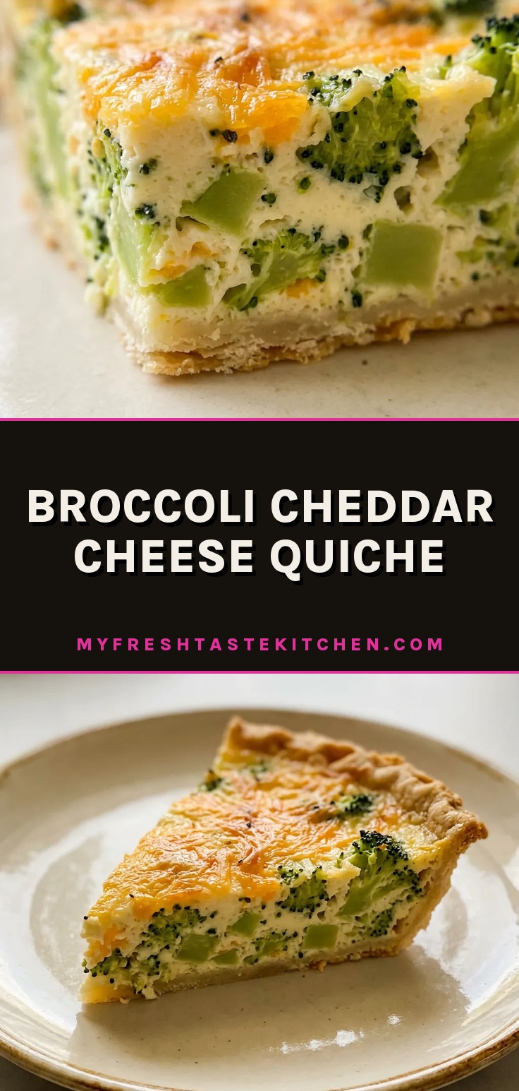 Top-down look at a round quiche with broccoli florets and melted cheddar cheese on a golden crust.