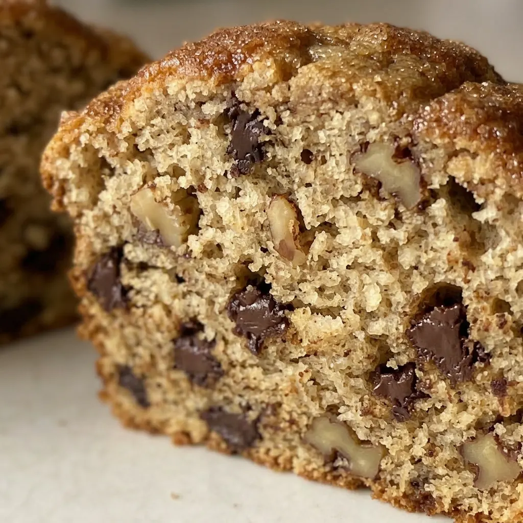 Zoomed in on a banana muffin showing a moist interior with visible banana chunks, chocolate chips, and a crunchy nut topping.