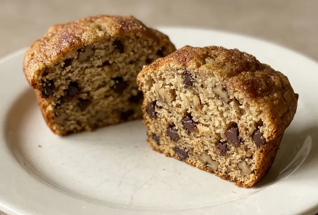 Bird's-eye view of two banana muffins with chocolate chips and nuts on top, one sliced in half.