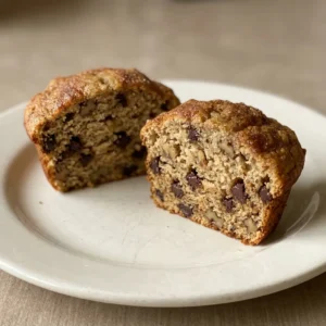 Bird's-eye view of two banana muffins with chocolate chips and nuts on top, one sliced in half.