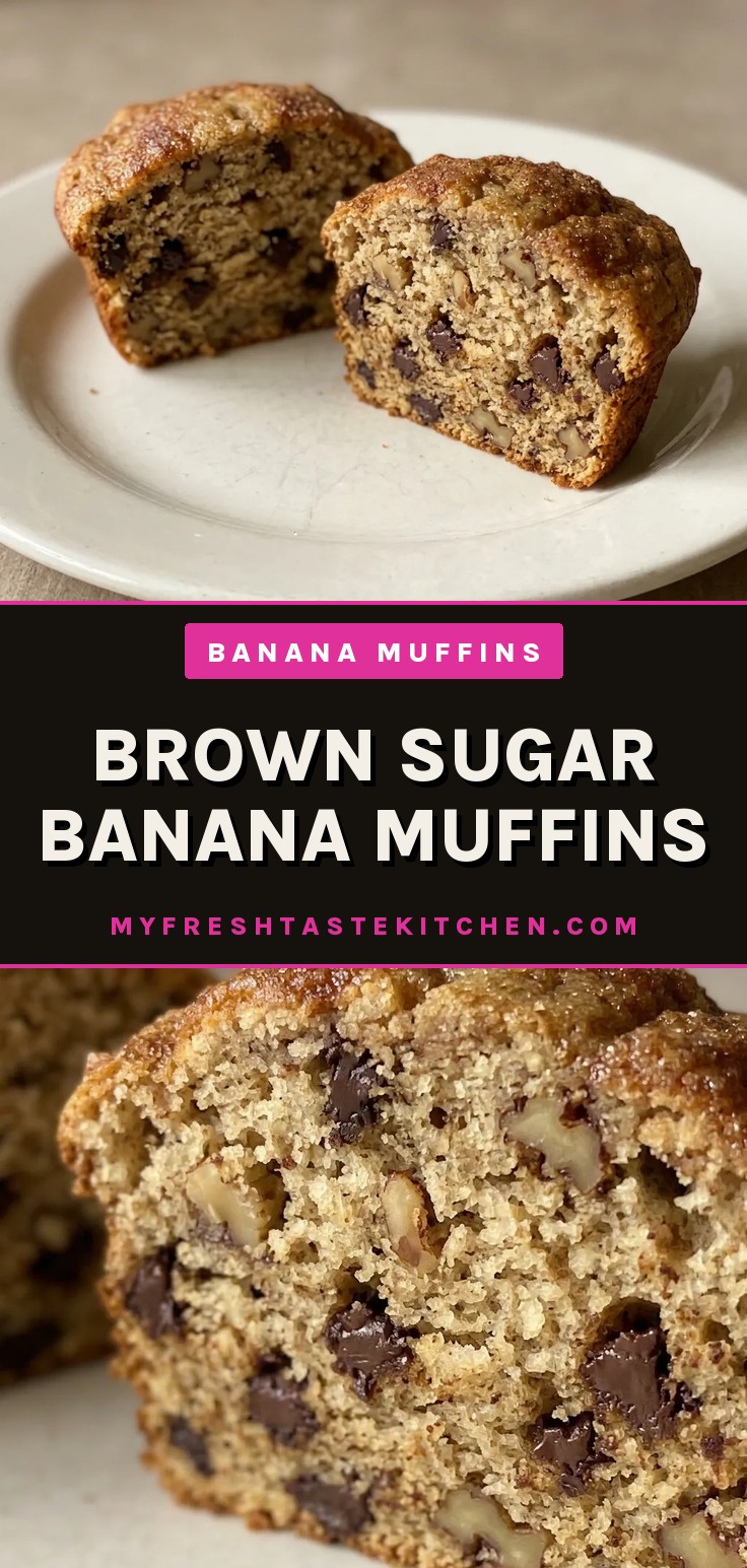 Bird's-eye view of two banana muffins with chocolate chips and nuts on top, one sliced in half.