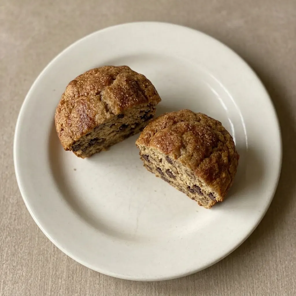 Ready to serve: a banana muffin with a golden brown top studded with chocolate chips and nuts, slightly domed.