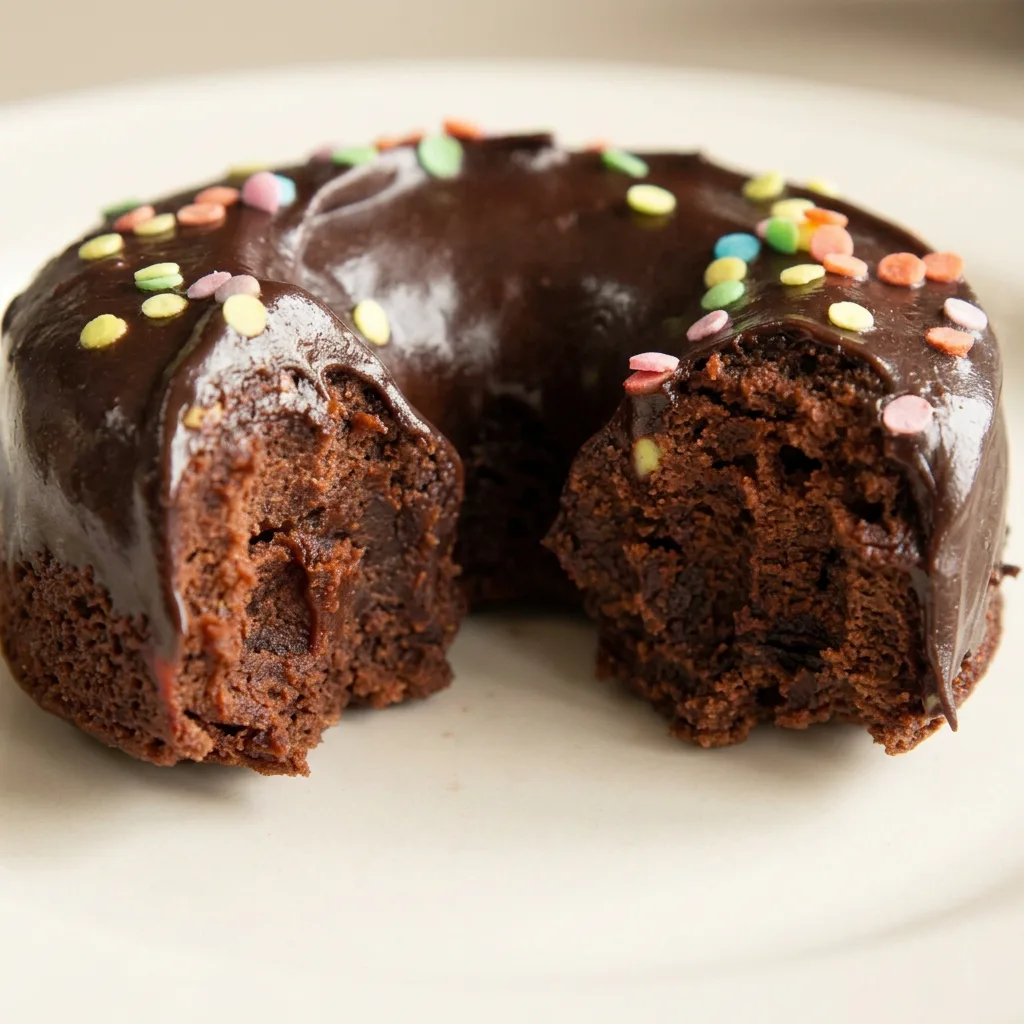 Zoomed in on a brownie donut with glossy dark chocolate icing and colorful sprinkles, showing a bite mark.