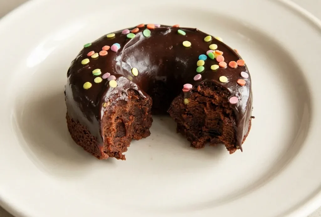 Bird's-eye view of two brownie donuts with dark chocolate glaze and rainbow sprinkles on a white doily.