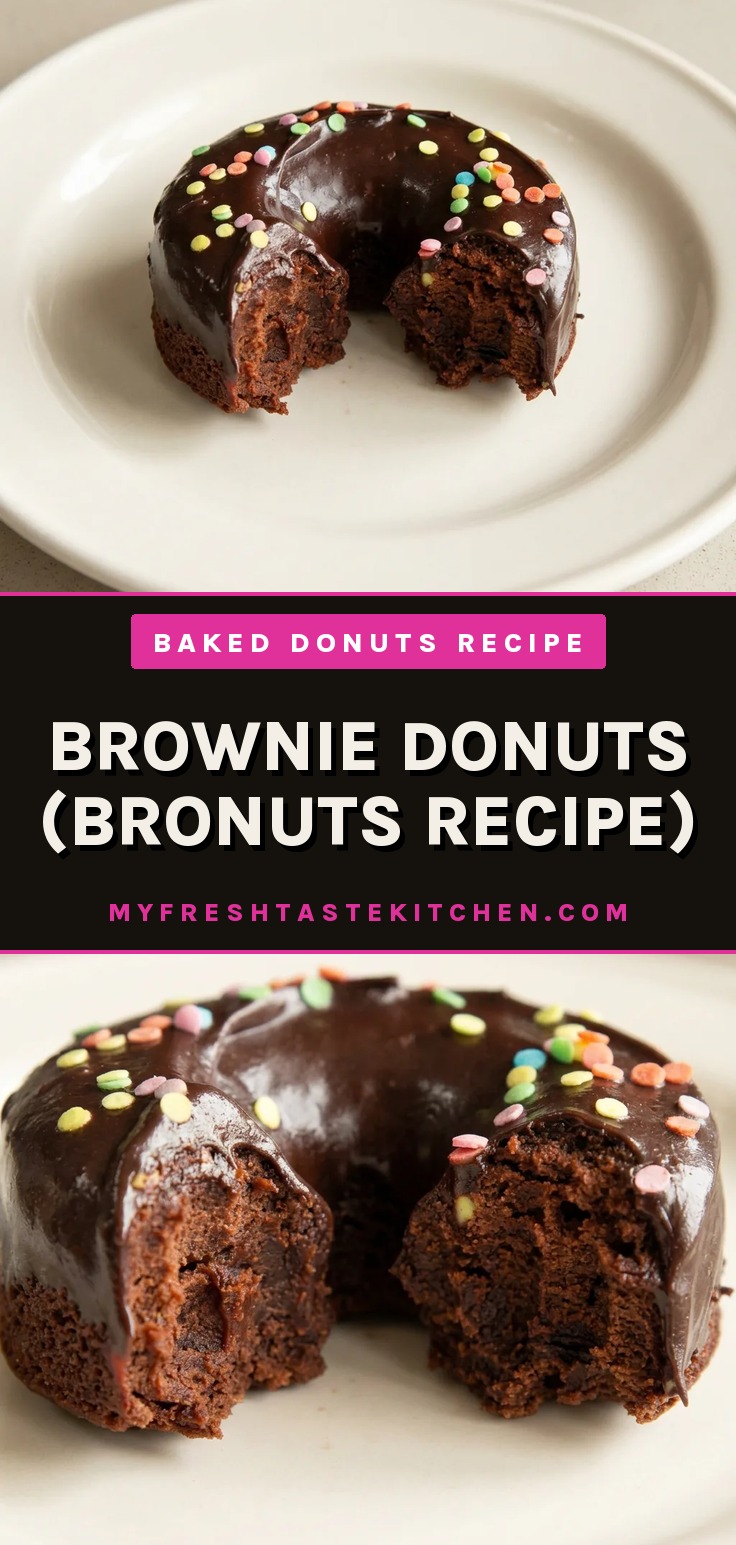 Brownie donuts recipe glazed dark chocolate donuts with sprinkles on a wire rack.
