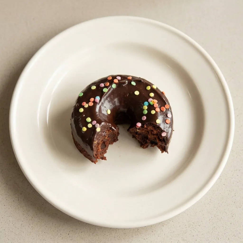 Ready to serve: a brownie donut topped with dark chocolate glaze and rainbow sprinkles.