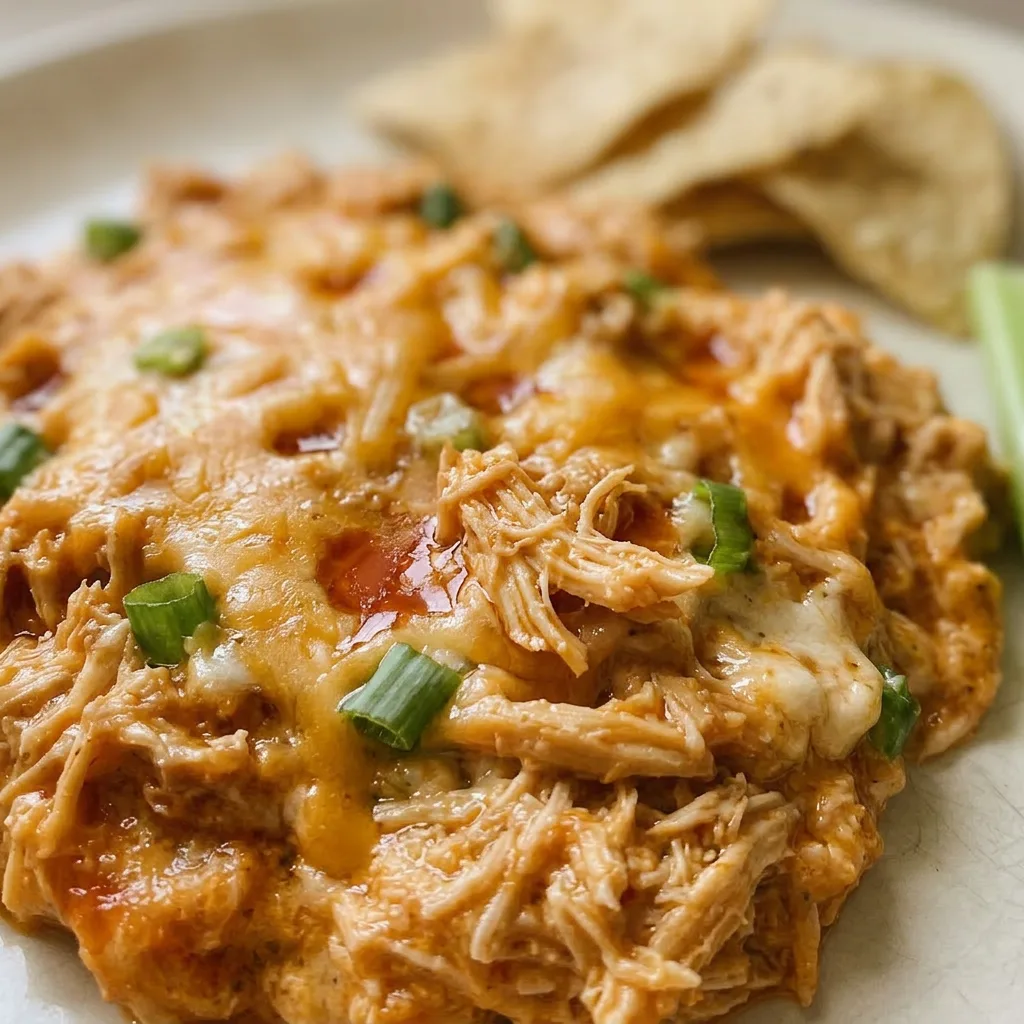 Macro detail of a spoonful of dip revealing shredded chicken, cream cheese, and orange buffalo sauce streaks.