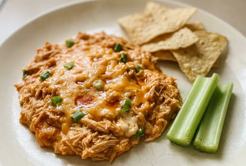 Top-down look at a bowl of creamy dip with chunks of chicken, melted cheddar, and celery pieces.