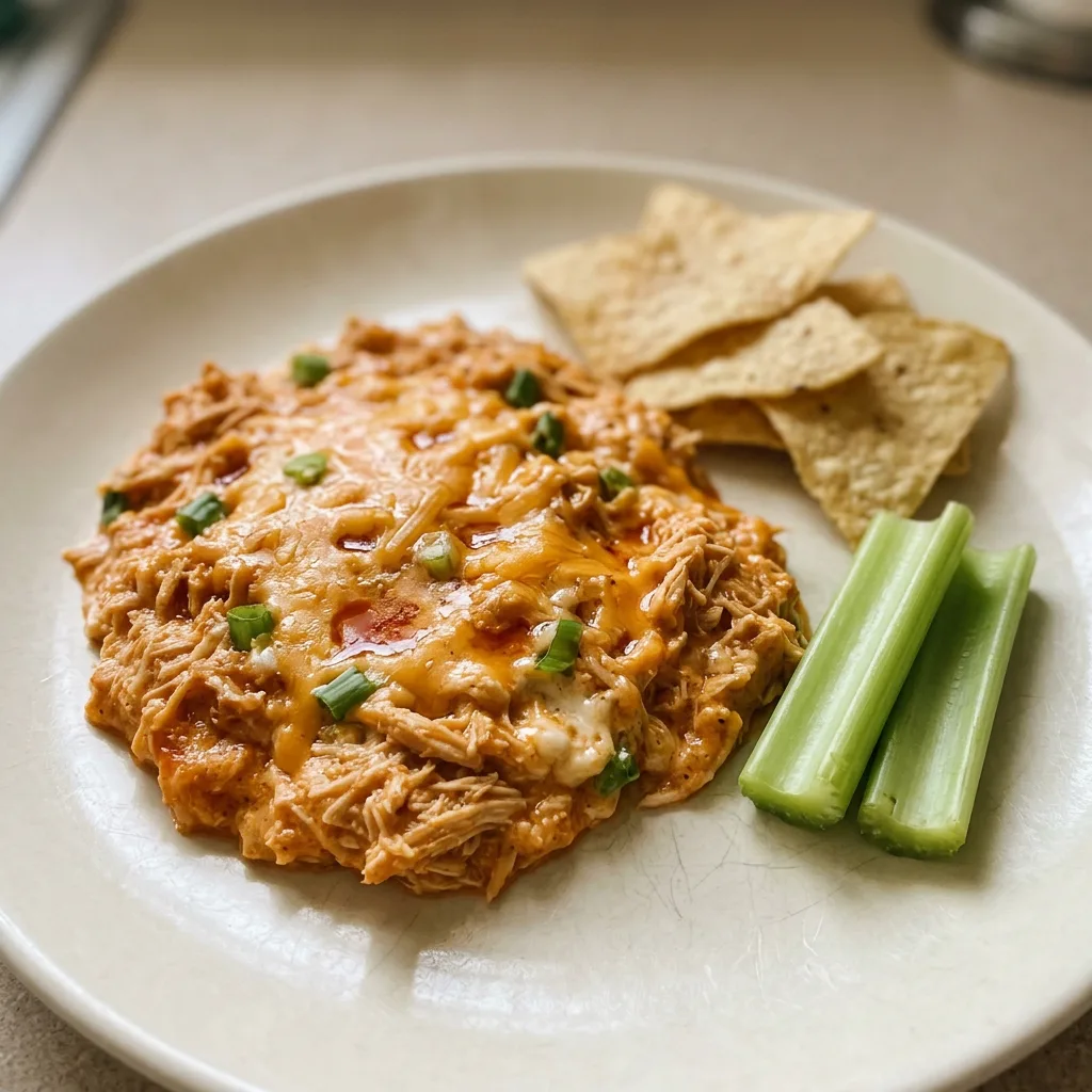 Top-down look at a bowl of creamy dip with chunks of chicken, melted cheddar, and celery pieces.