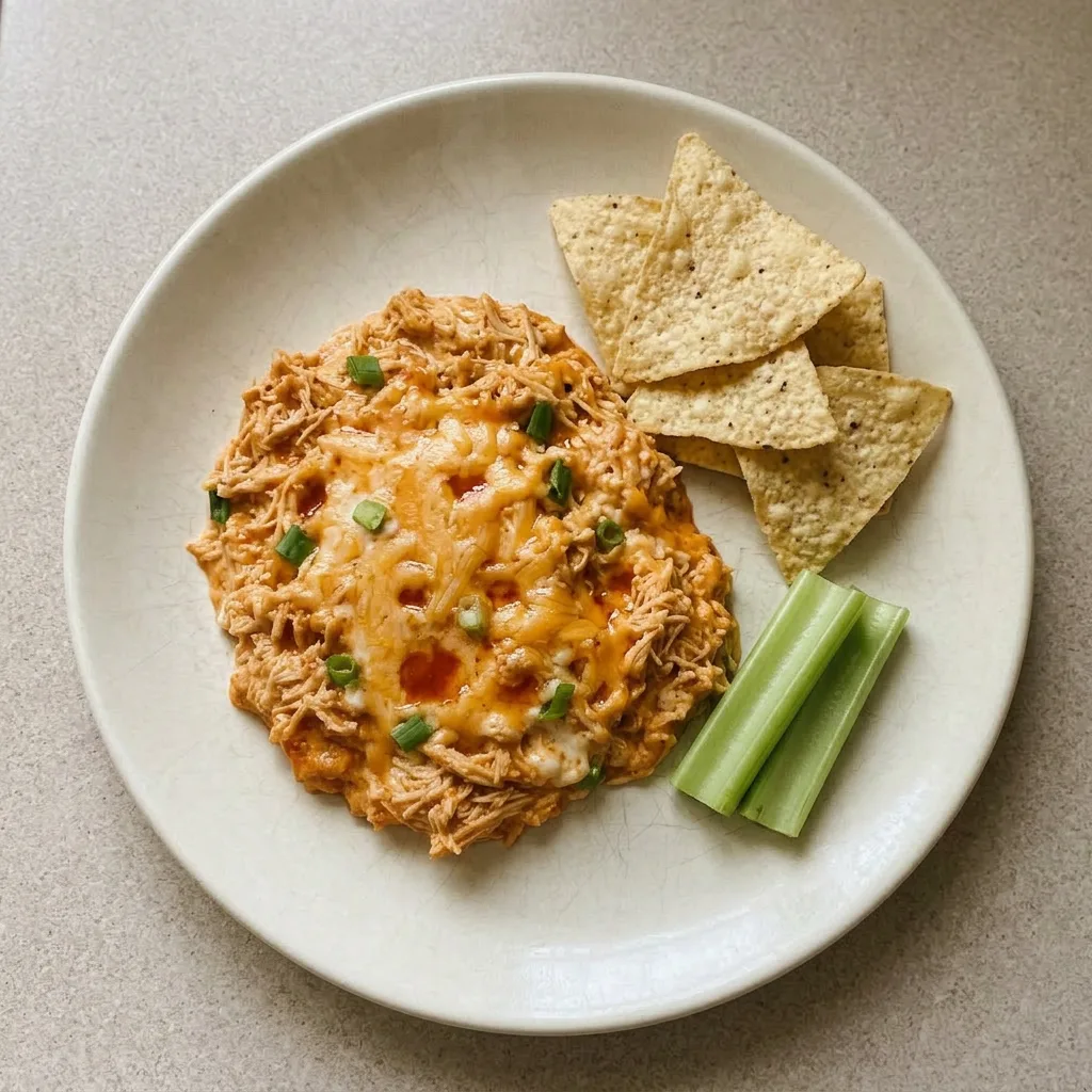 A serving of warm dip with a layer of melted cheddar cheese and visible celery bits.
