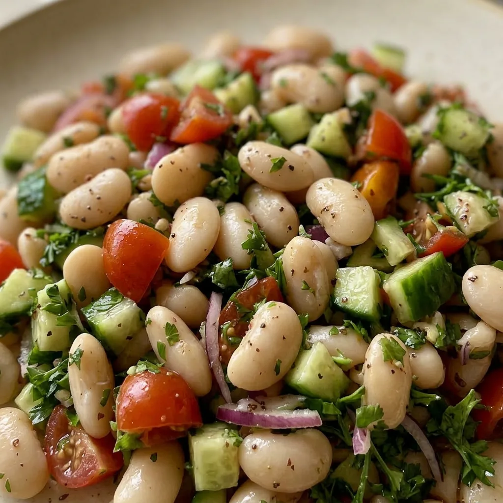 Up close, butter beans, halved cherry tomatoes, cucumber chunks, red onion rings, and parsley leaves with sumac and garlic visible.