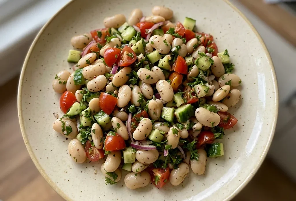 Looking down at a bowl of butter bean salad with cherry tomatoes, cucumber, red onion, parsley, and lemon wedges.