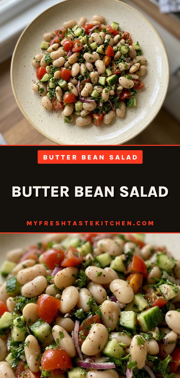 Butter bean salad with cherry tomatoes, cucumber, red onion, parsley, and lemon garlic dressing.