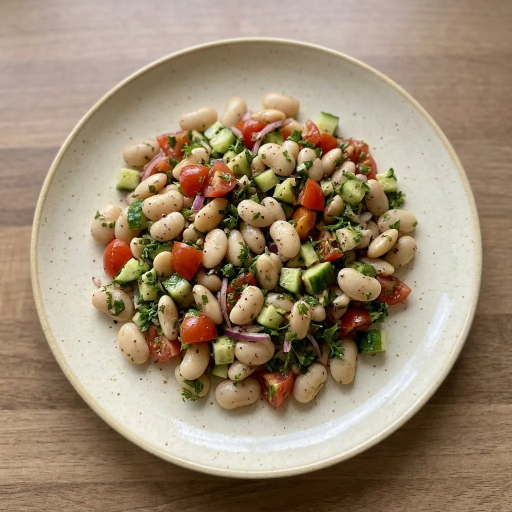 A plate of butter bean salad topped with cherry tomatoes, cucumber, red onion, parsley, lemon, and a sprinkle of sumac.