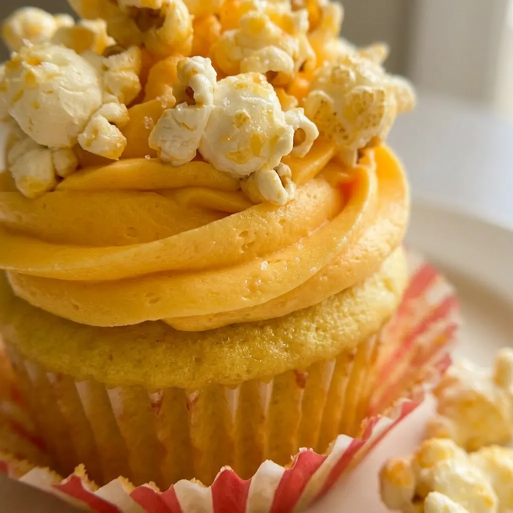 Close view of a cupcake with golden buttercream, a popcorn garnish, and visible crumb texture.