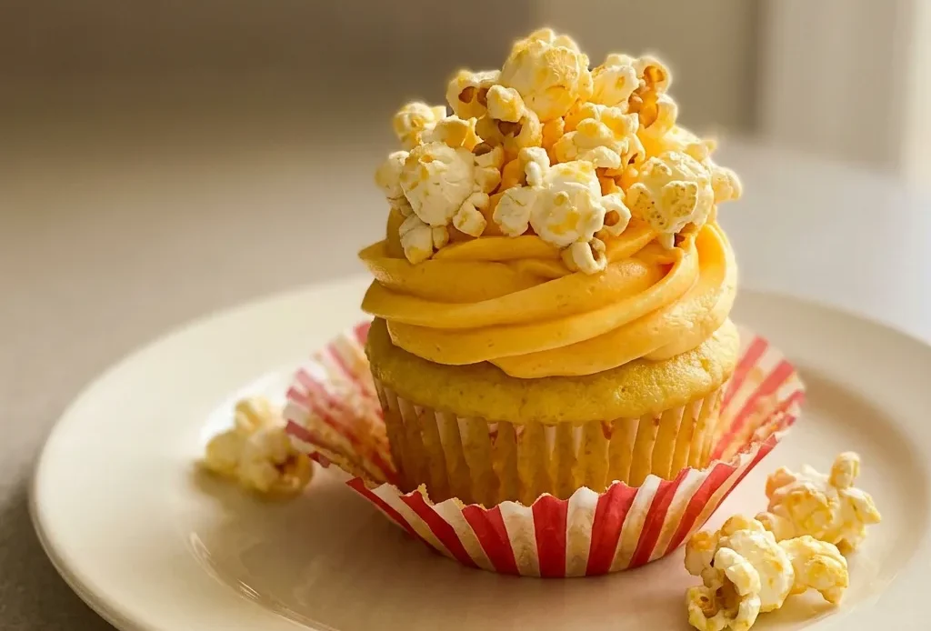 Overhead shot of a buttered popcorn cupcake topped with salted buttercream and a single popcorn kernel.