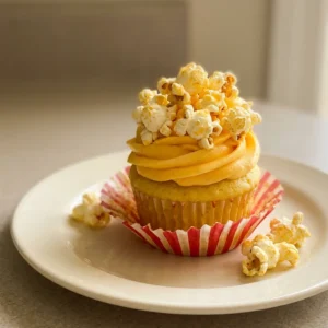Overhead shot of a buttered popcorn cupcake topped with salted buttercream and a single popcorn kernel.