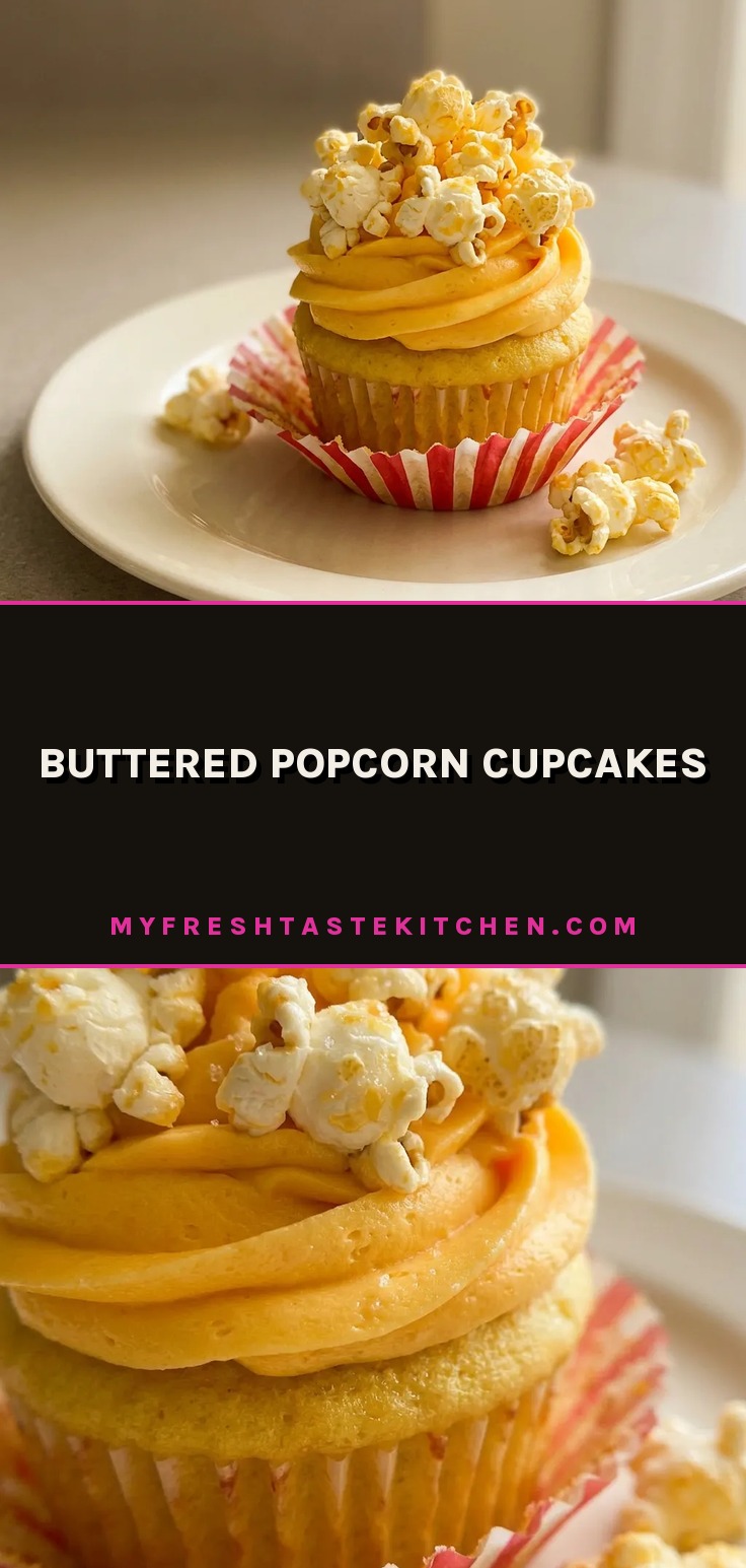 Overhead shot of a buttered popcorn cupcake topped with salted buttercream and a single popcorn kernel.