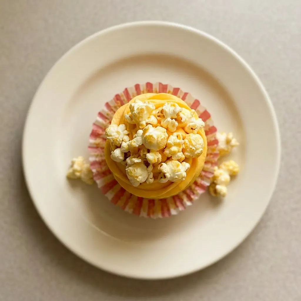 Plated cupcake with swirl of buttercream and a popcorn piece on top, seen from a slight angle.