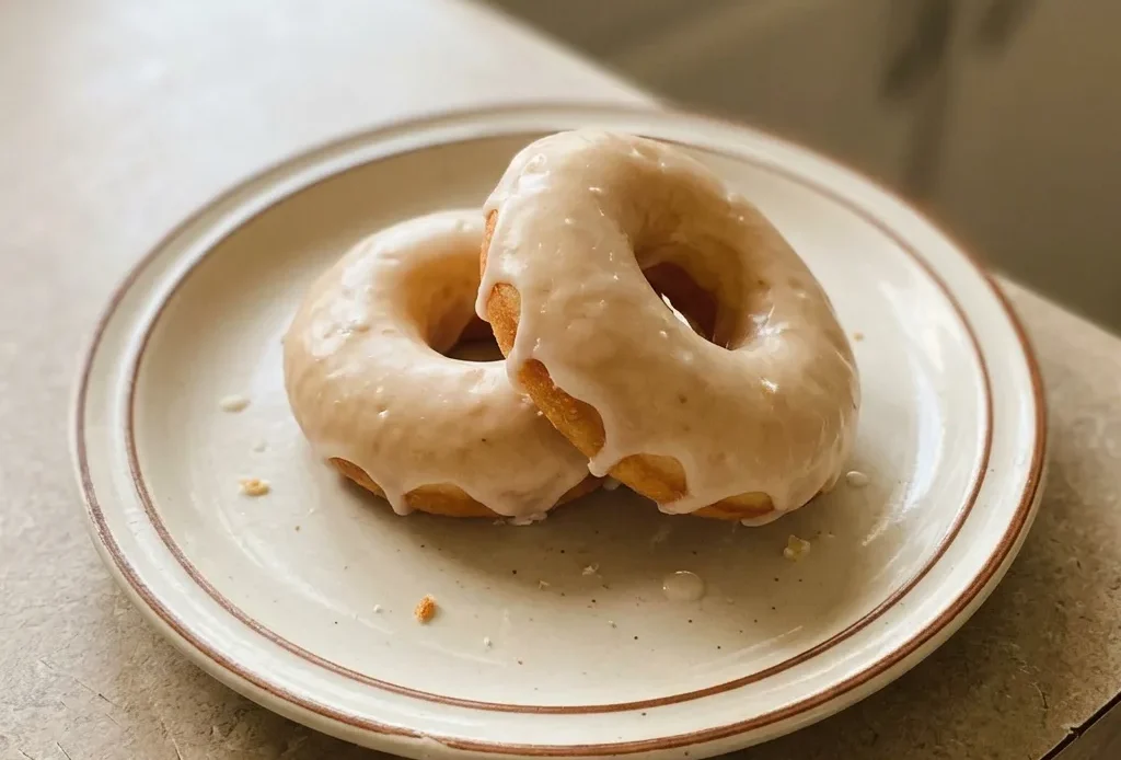 Top-down look at three buttermilk donuts glazed with vanilla icing and rainbow sprinkles.