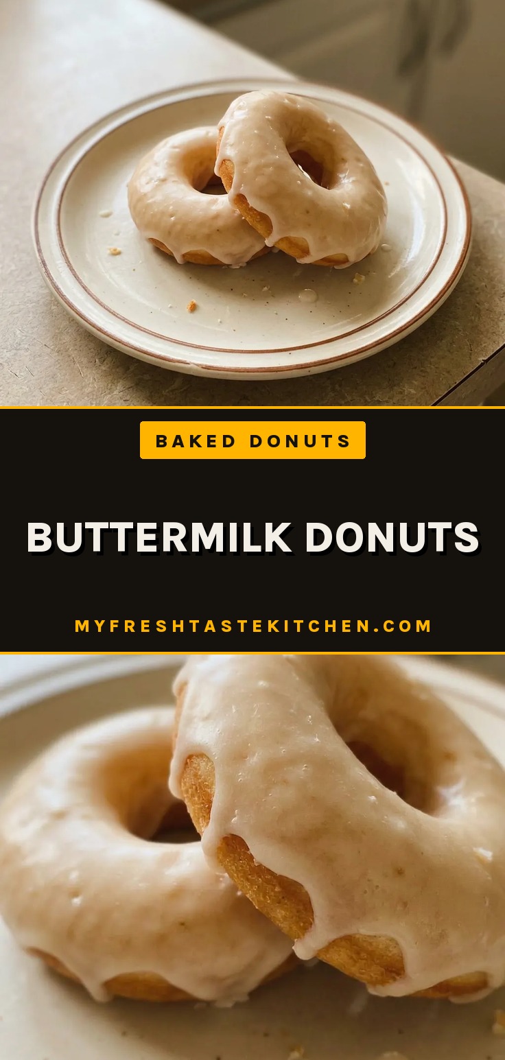 Buttermilk donuts baked with vanilla glaze, showing a glossy white coating over golden brown donuts.