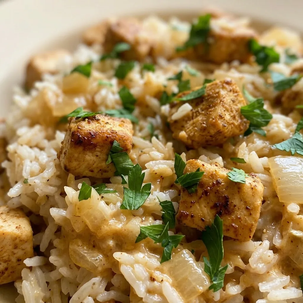 Macro detail of a chicken piece coated in creamy sauce, with rice grains and visible Cajun seasoning flecks.