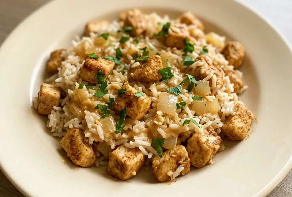 Top-down look at creamy rice with chunks of chicken, scattered Cajun seasoning specks, and a drizzle of heavy cream.