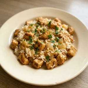 Top-down look at creamy rice with chunks of chicken, scattered Cajun seasoning specks, and a drizzle of heavy cream.