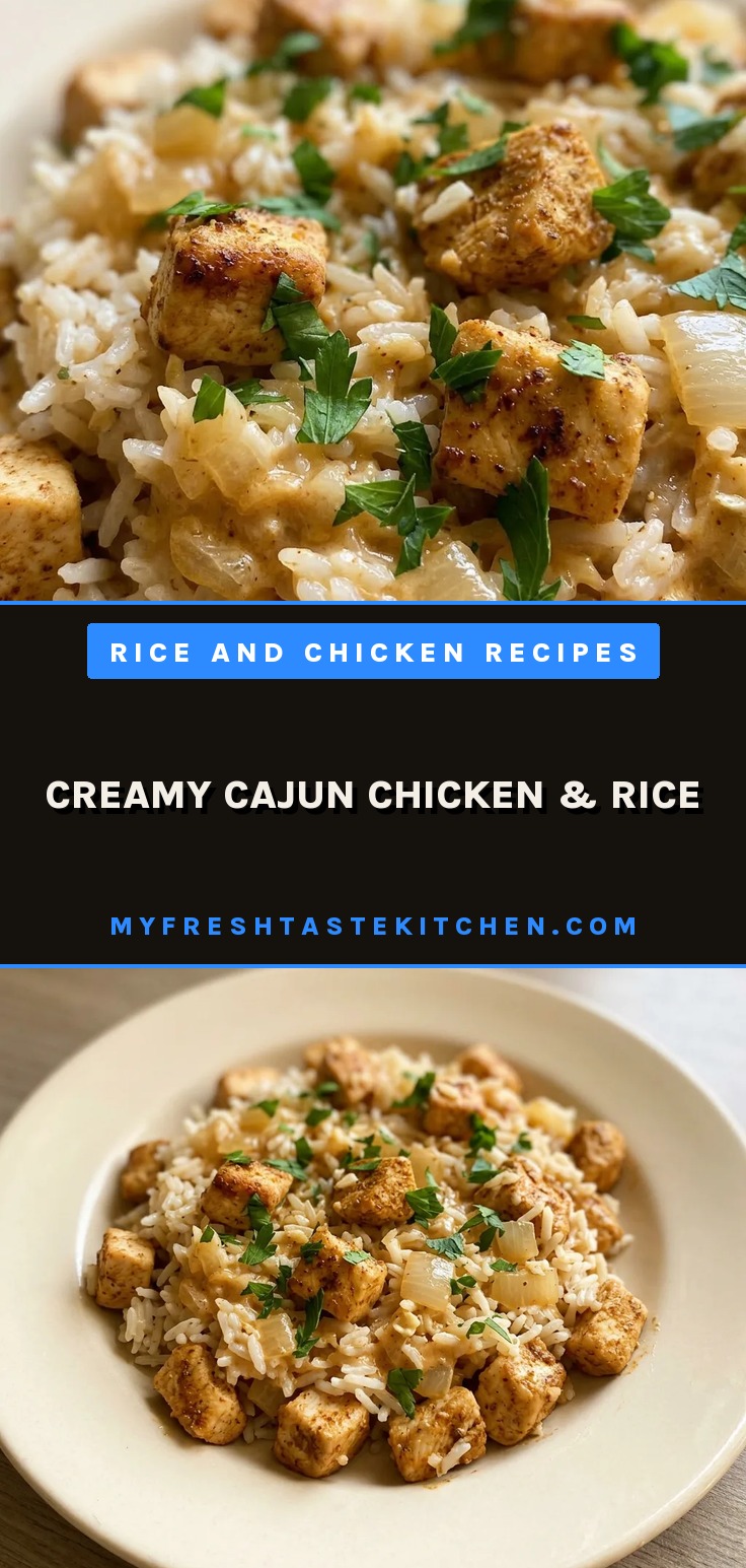 Top-down look at creamy rice with chunks of chicken, scattered Cajun seasoning specks, and a drizzle of heavy cream.